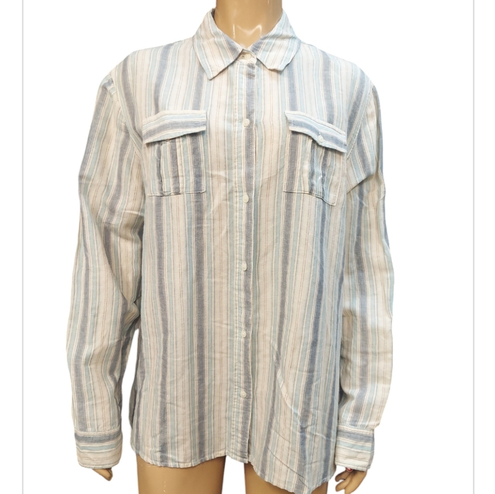 Striped Linen Blend Button Doen Lightly Shirt Top
